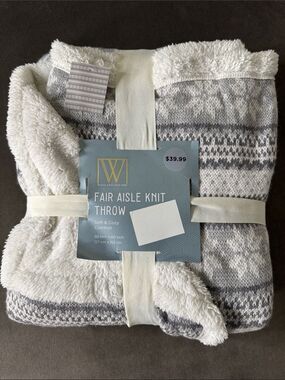 Wayland Square Fair Aisle Knit Throw Blanket Gray & White Faux Fur 50x60” NEW